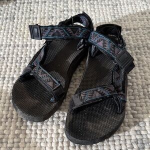 Black Purple and Blue Patterned Teva Sandals